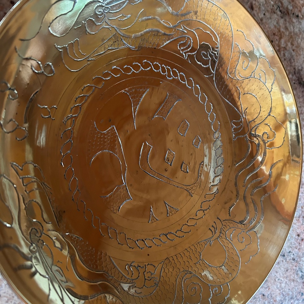 Brass Bowl Chinese Art Detailed Dragon Etching 10”x10”. MCM